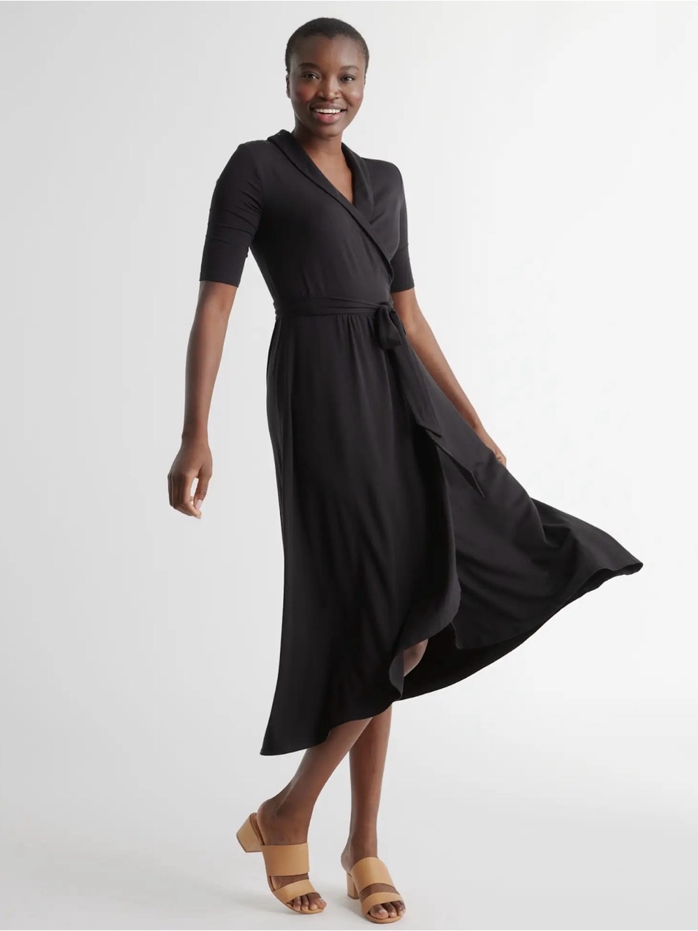 Quince Black Tencel Midi Wrap Dress, Large, Soft Stretch, Sustainable, Office - Picture 2 of 6
